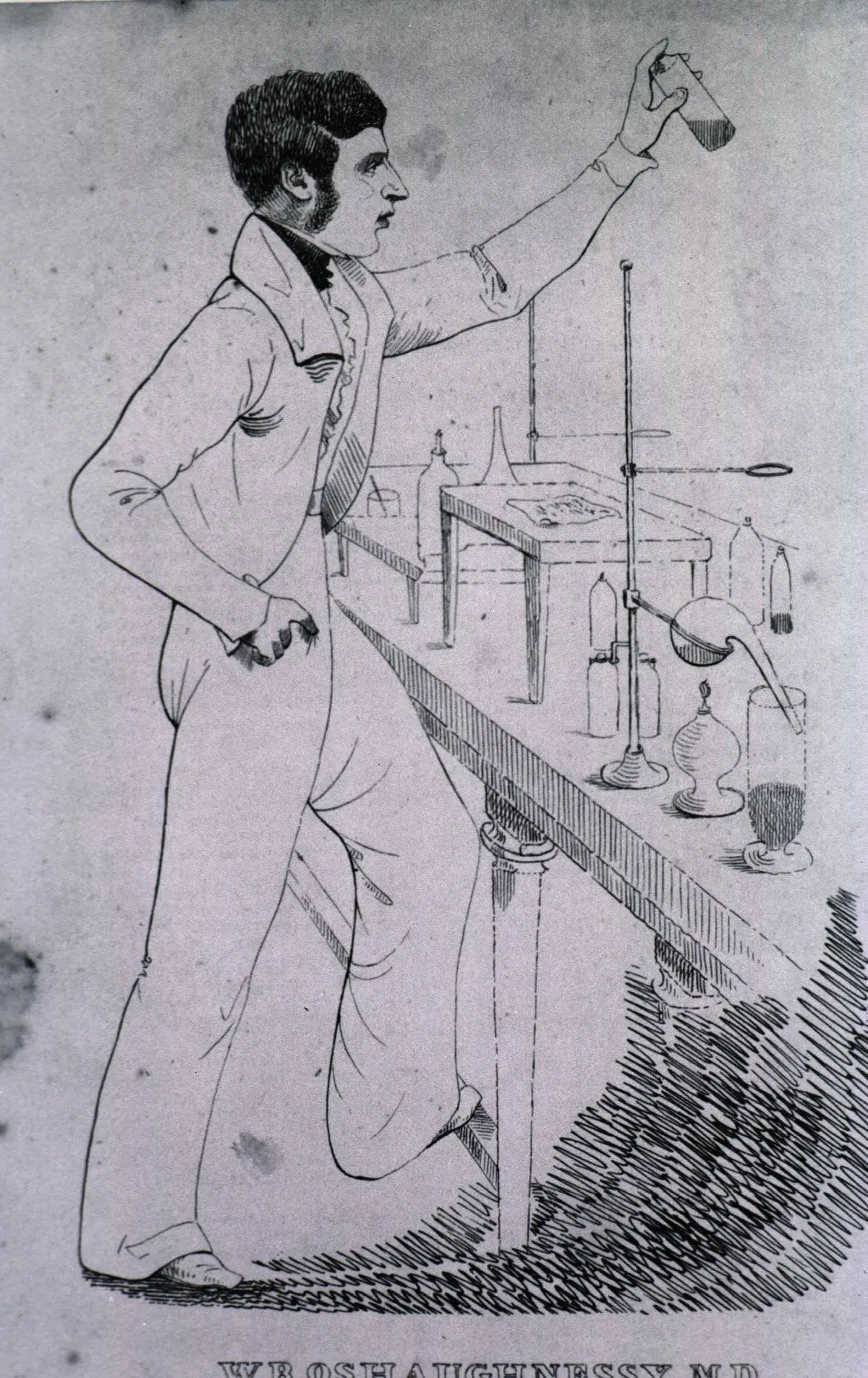 Retrato del m&eacute;dico e investigador irland&eacute;s W.B. Oshaughnessy M.D. trabajando en un laboratorio. La National Library of Medicine de Estados Unidos considera que la imagen es de dominio p&uacute;blico. / BBC 