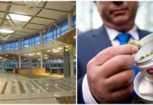 A la izquierda, instalaciones del aeropuerto de Edmonton. A la derecha, un hombre, en la tienda Quebec Cannabis Society de Montreal.