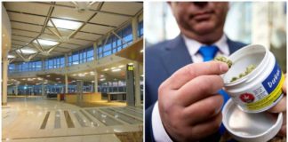 A la izquierda, instalaciones del aeropuerto de Edmonton. A la derecha, un hombre, en la tienda Quebec Cannabis Society de Montreal.