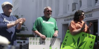 Fotografía de archivo del 22 de abril de 2015 de residentes de Alabama parados afuera del parlamento estatal para defender la legalización de la marihuana médica en Montgomery, Alabama.