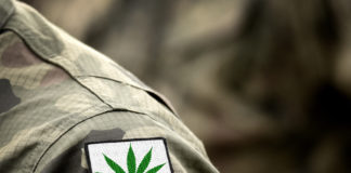 Cannabis leaf on military uniform. Flag with marijuana leaf. Cannabis legalization. Cannabis in Armed Forces.
