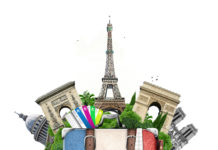 France and attractions of Paris, retro suitcase