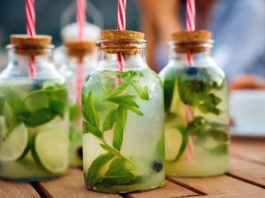 Cold refreshing limonade, mojito or gin tonic in glass, with fresh mint and ice cubes