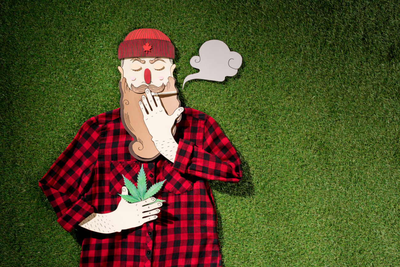cardboard man in plaid shirt holding cannabis and smoking on green grass background, marijuana legalization concept
