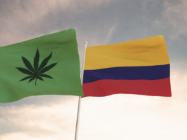 Interesting Flags of the Colombia and that of the legalization of marijuana waving with the bright sky in the background.