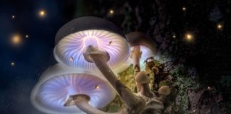 Magic violet mushrooms on tree in dark forest with fireflies