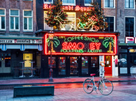 AMSTERDAM, NETHERLANDS - JANUARY 06TH, 2013: Coffee-shop Smokey is a cannabis coffee shop located on the biggest square in Amsterdam, Rembrandt Square.