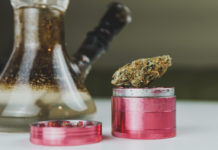 Close-up of dirty bong and grinder with medical marijuana buds o