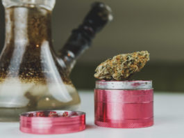 Close-up of dirty bong and grinder with medical marijuana buds o