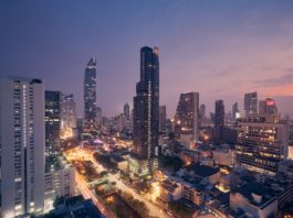Night view of Bangkok urban skyline