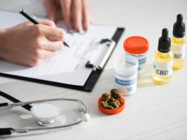 cropped view of doctor writing prescription near dried weed, bottles with cbd and medical cannabis