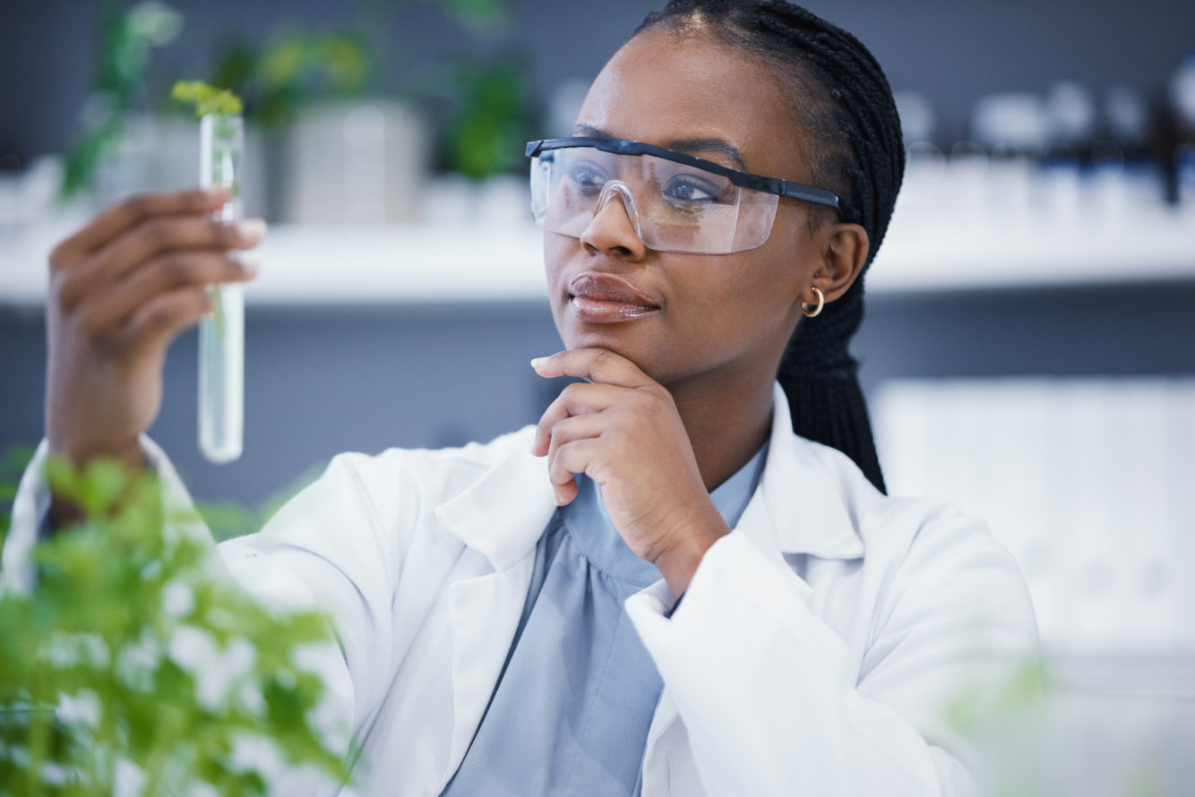 Plants, test tube and scientist woman thinking, solution and analysis in cannabis research, growth
