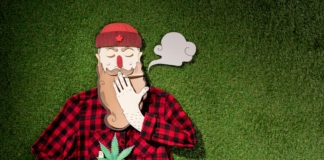 top view of cardboard man in plaid shirt holding cannabis and smoking on green grass background,