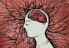 illustration of a human profile with a brain, thought processes, neural connections in the brain, brain diseases, thinking.