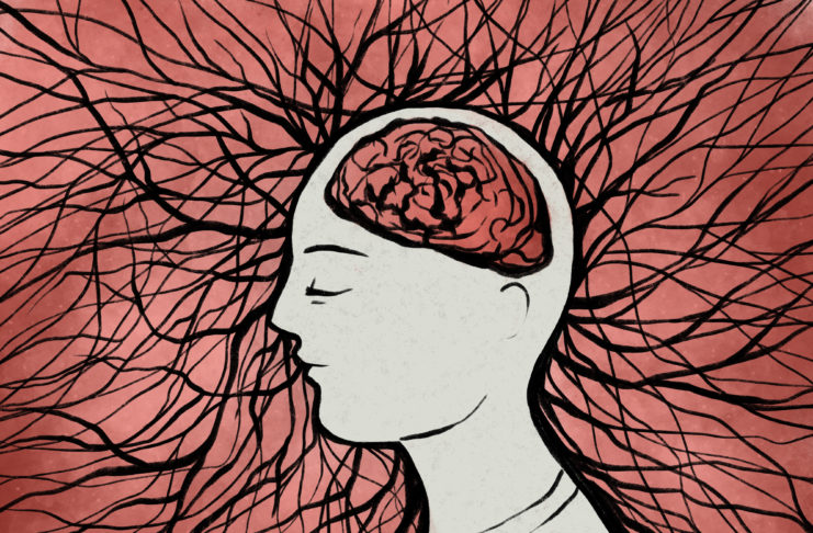 illustration of a human profile with a brain, thought processes, neural connections in the brain, brain diseases, thinking.