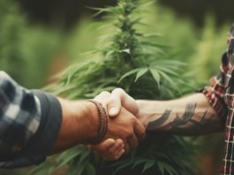 Farmers handshake in marijuana farm. Dialogue between two businessmen to sign contract.