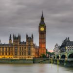 Westminster abbey and big ben in the London skyline at night, London, UK