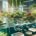 Descubre la acuaponía sostenible: método del futuro Sistema acuapónico mostrando plantas vibrantes y peces en un ambiente de circuito cerrado con circulación de agua.