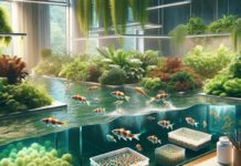 Descubre la acuaponía sostenible: método del futuro Sistema acuapónico mostrando plantas vibrantes y peces en un ambiente de circuito cerrado con circulación de agua.