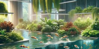 Sistema acuap&oacute;nico mostrando plantas vibrantes y peces en un ambiente de circuito cerrado con circulaci&oacute;n de agua.