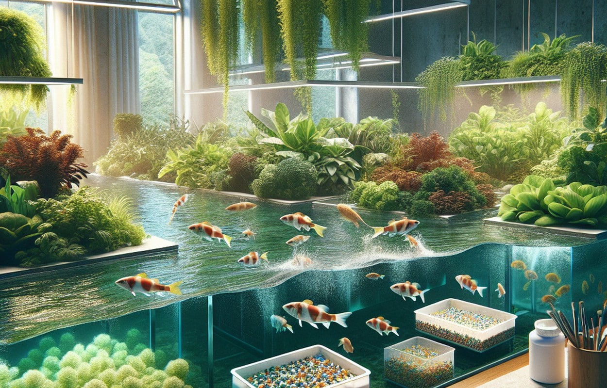 Sistema acuapónico mostrando plantas vibrantes y peces en un ambiente de circuito cerrado con circulación de agua.