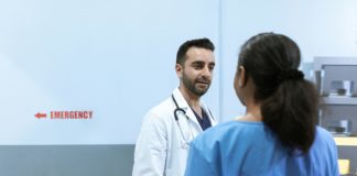 Healthcare workers having a discussion