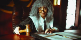 Judge in courtroom with gavel and documents