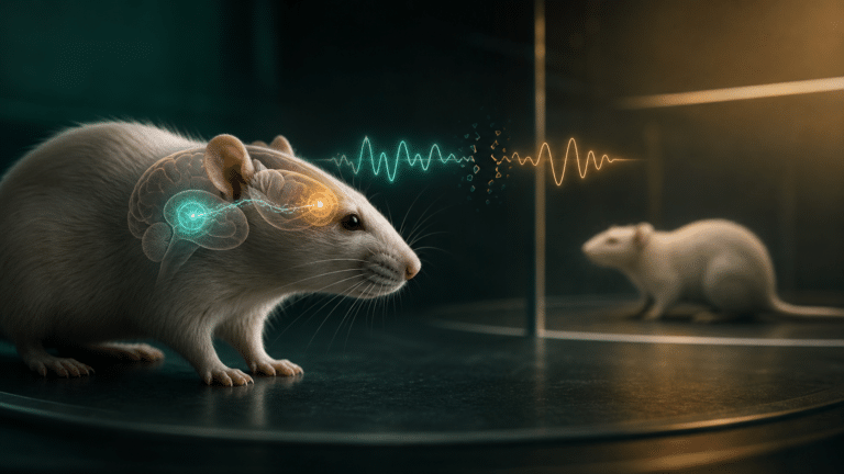 Rata de laboratorio con una representación de la conexión entre el hipocampo y la corteza prefrontal