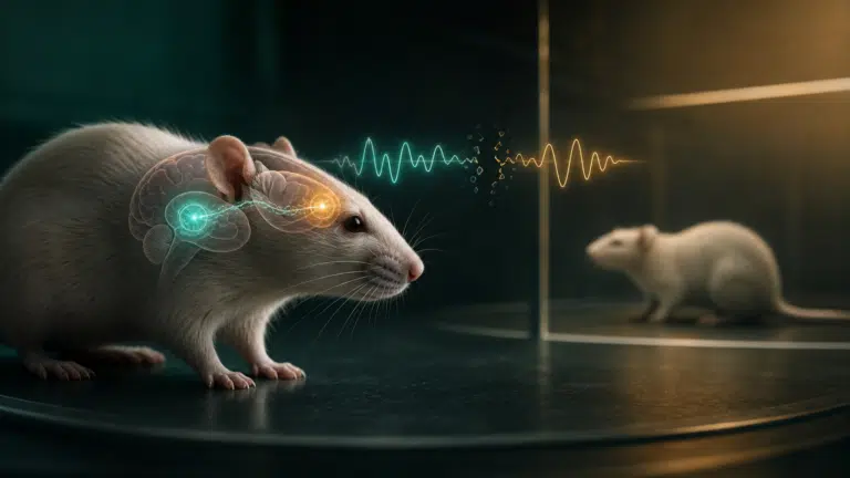 Rata de laboratorio con una representación de la conexión entre el hipocampo y la corteza prefrontal