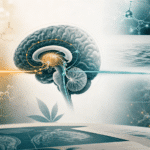 Ilustración científica sobre cannabinoides, circuitos cerebrales y resultados a corto y largo plazo
