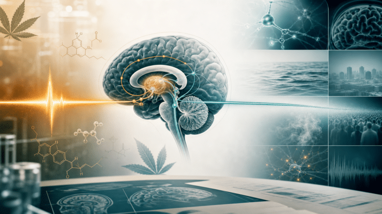 Ilustración científica sobre cannabinoides, circuitos cerebrales y resultados a corto y largo plazo