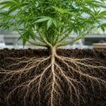 Planta de cannabis con el sistema completo de raíces visible en un corte del suelo