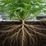Planta de cannabis con el sistema completo de ra&iacute;ces visible en un corte del suelo