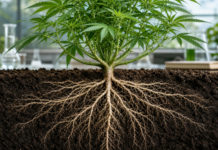 Raíces del cannabis: una revisión reúne la evidencia científica Planta de cannabis con el sistema completo de raíces visible en un corte del suelo