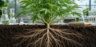 Planta de cannabis con el sistema completo de ra&iacute;ces visible en un corte del suelo
