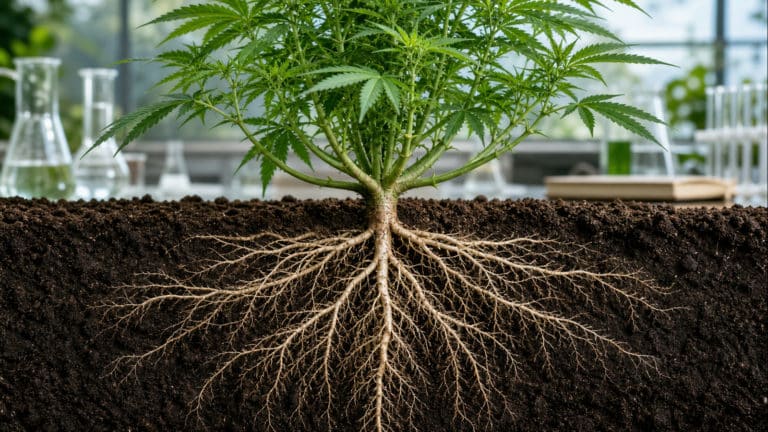 Planta de cannabis con el sistema completo de raíces visible en un corte del suelo