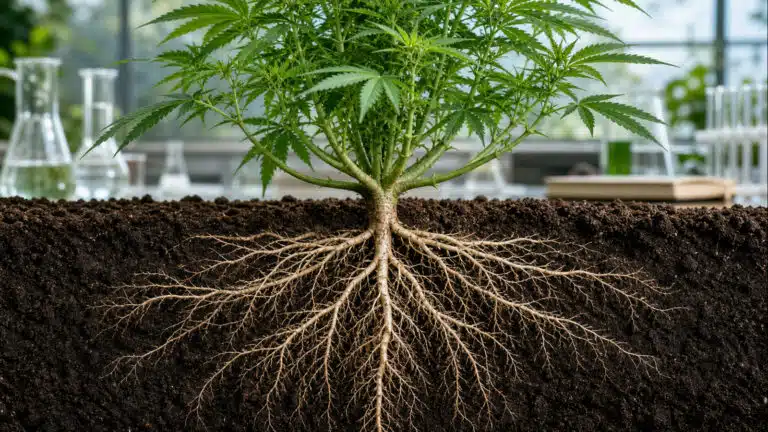 Planta de cannabis con el sistema completo de raíces visible en un corte del suelo
