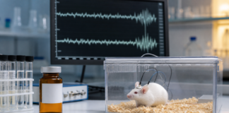 Rat&oacute;n de laboratorio monitorizado con EEG en un estudio precl&iacute;nico sobre cannabidiol y enfermedad CLN2