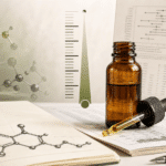 Frasco de CBD junto a una escala de dosis y documentos de investigación clínica