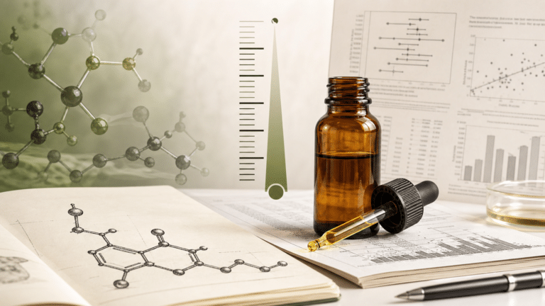 Frasco de CBD junto a una escala de dosis y documentos de investigación clínica
