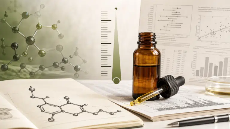 Frasco de CBD junto a una escala de dosis y documentos de investigación clínica