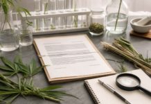 Mendoza regula proyectos de cannabis medicinal y cáñamo Documento regulatorio junto a hojas de cannabis, tallos de cáñamo y material de laboratorio