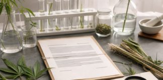 Documento regulatorio junto a hojas de cannabis, tallos de cáñamo y material de laboratorio