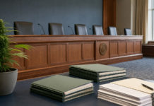 Nebraska fija nuevas tarifas para licencias de cannabis medicinal Expedientes de licencias y una planta de cannabis medicinal ante una sala de comisión reguladora
