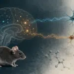 Ilustraci&oacute;n de un rat&oacute;n, conexiones cerebrales y hongos para un estudio precl&iacute;nico sobre psilocibina