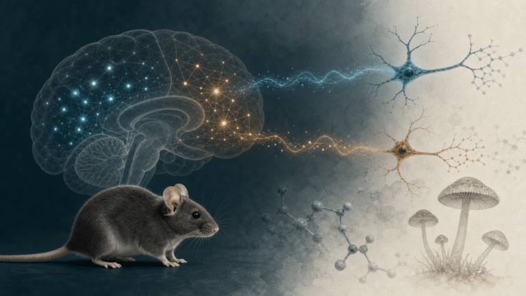 Ilustración de un ratón, conexiones cerebrales y hongos para un estudio preclínico sobre psilocibina