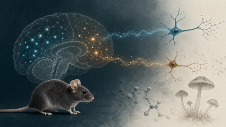 Ilustración de un ratón, conexiones cerebrales y hongos para un estudio preclínico sobre psilocibina