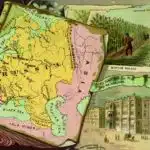 Mapa ilustrado del Imperio ruso rodeado de escenas del cultivo y procesamiento del lino