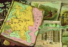 El cáñamo en la Segunda Guerra Mundial Mapa ilustrado del Imperio ruso rodeado de escenas del cultivo y procesamiento del lino