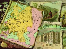 El cáñamo en la Segunda Guerra Mundial Mapa ilustrado del Imperio ruso rodeado de escenas del cultivo y procesamiento del lino